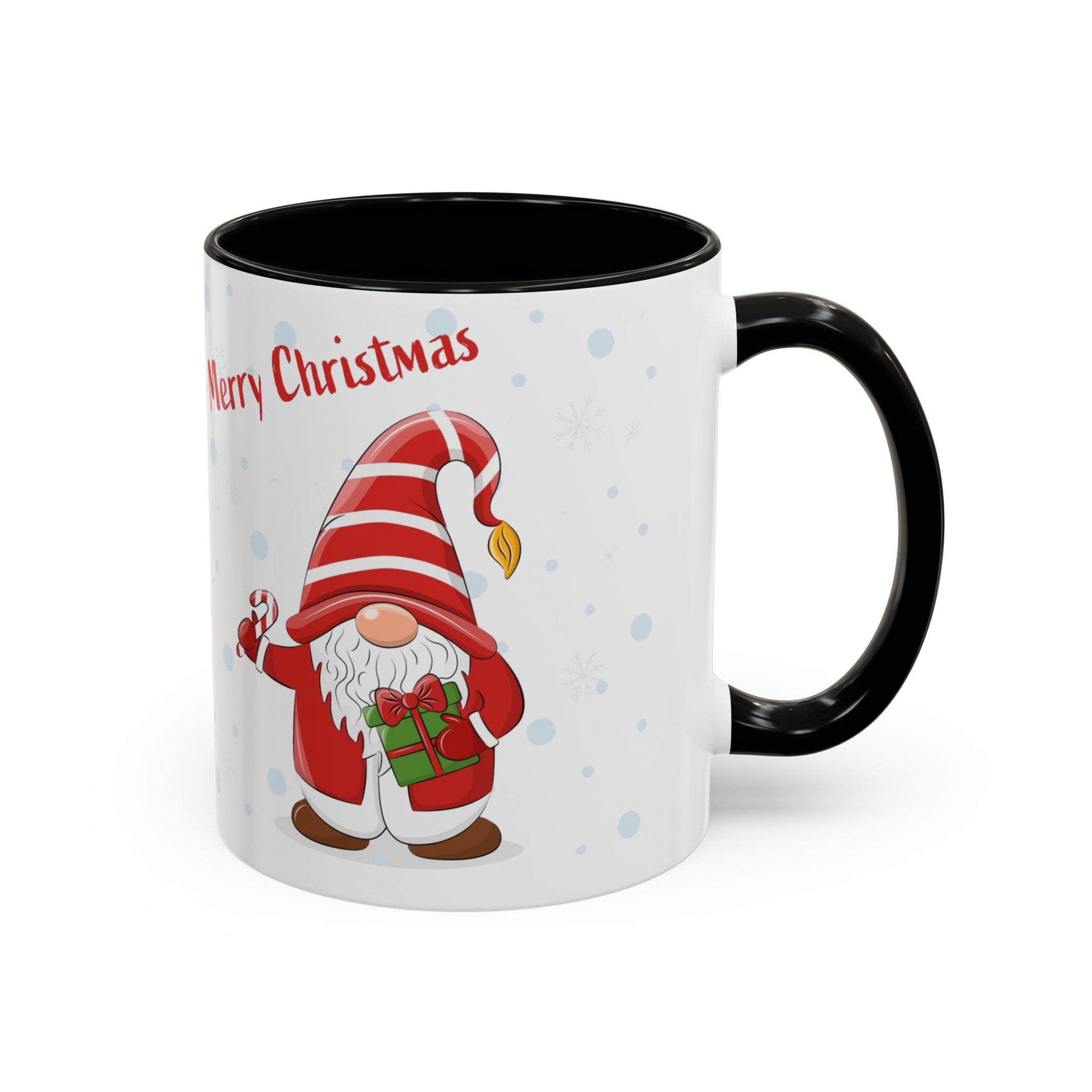 Merry Christmas gnome mug with candy cane and gift design, perfect for holiday beverages.