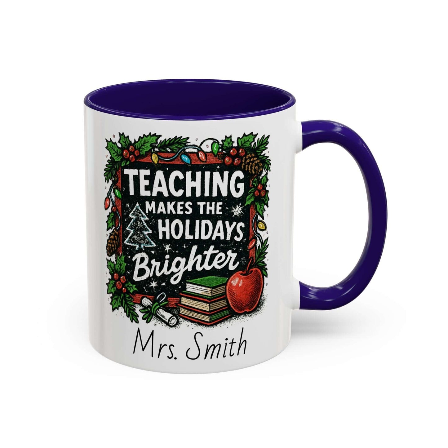 Personalized teacher holiday mug with festive design, marshmallows, and candy cane for a joyful gift.