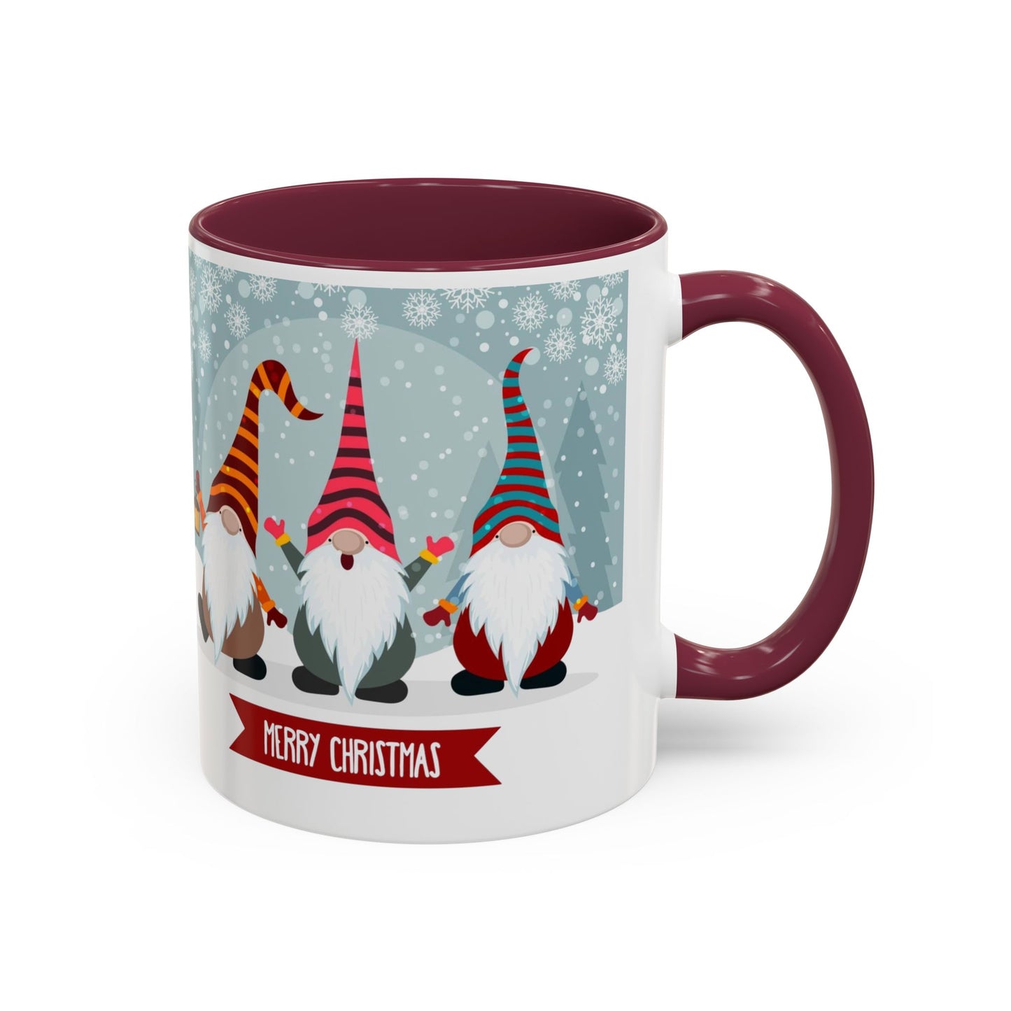 Merry Christmas gnome mug featuring colorful gnomes in festive hats, perfect for holiday coffee.