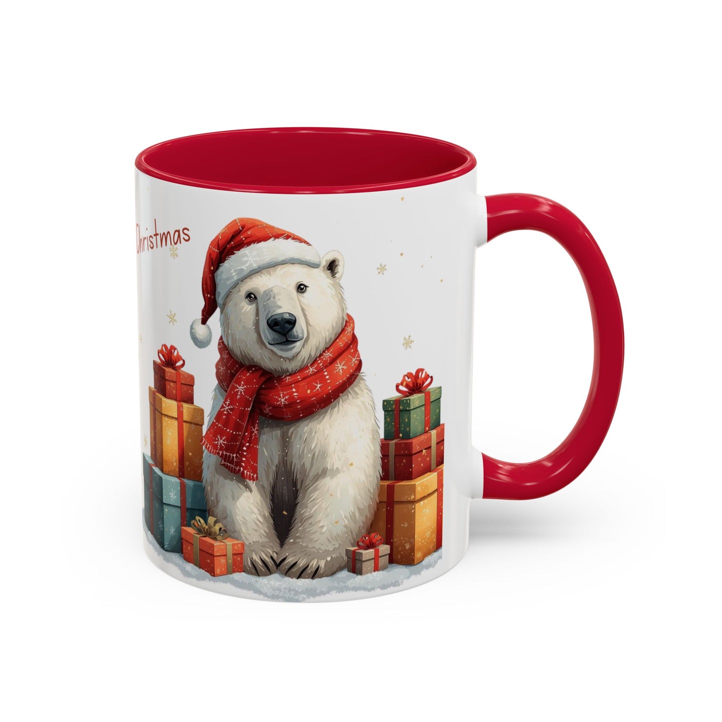 Cute Polar Bear Christmas mug with a red scarf and Santa hat, surrounded by colorful gift boxes.