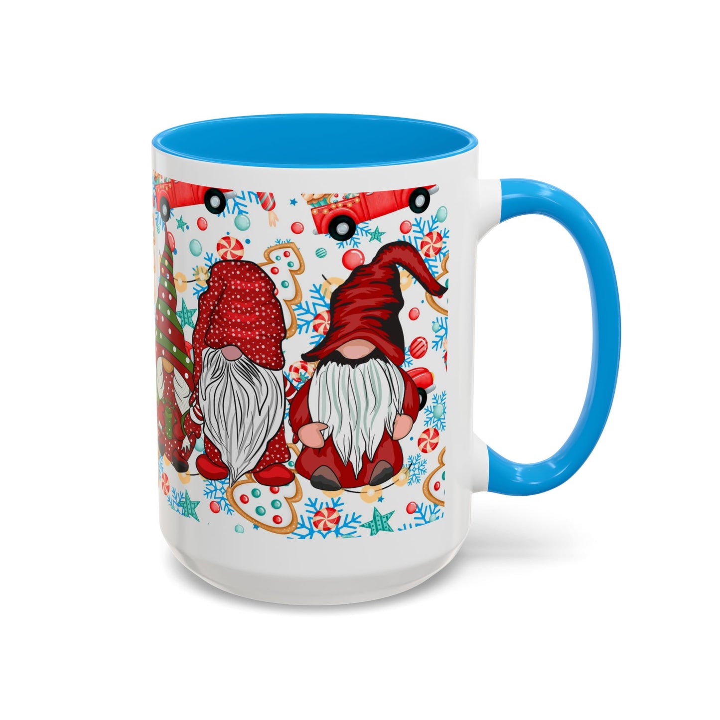 Festive Christmas gnome coffee mug with gingerbread design and snowflakes, perfect for holiday enjoyment.