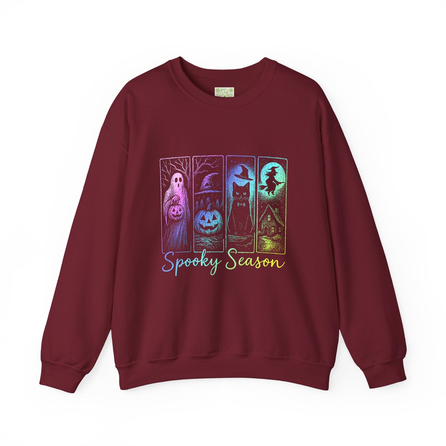 Spooky Season unisex sweatshirt featuring a ghost, pumpkin, black cat, witch, and festive graphics in colorful design.