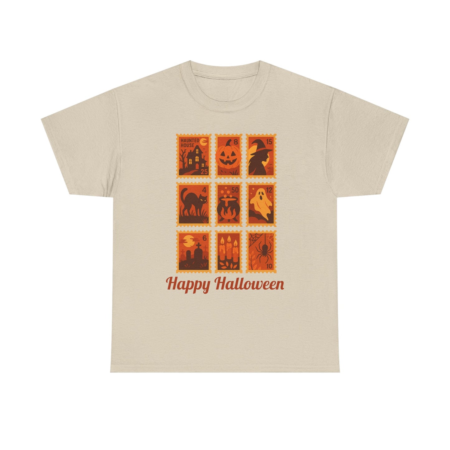  Halloween postage stamp t-shirt featuring spooky designs and 'Happy Halloween' text, perfect for fall fashion.