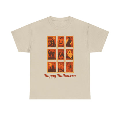  Halloween postage stamp t-shirt featuring spooky designs and 'Happy Halloween' text, perfect for fall fashion.