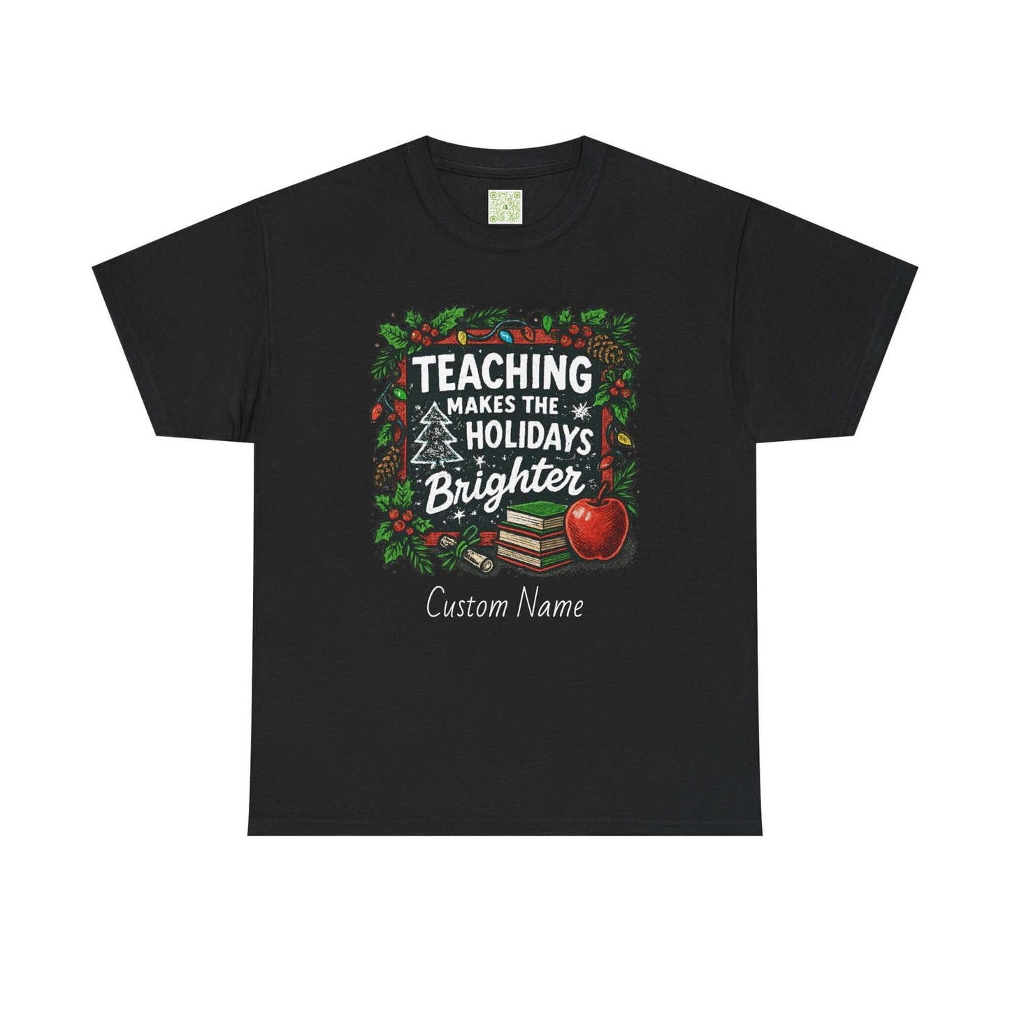Personalized teacher holiday t-shirt in red with festive design and custom name. Perfect gift for teachers.