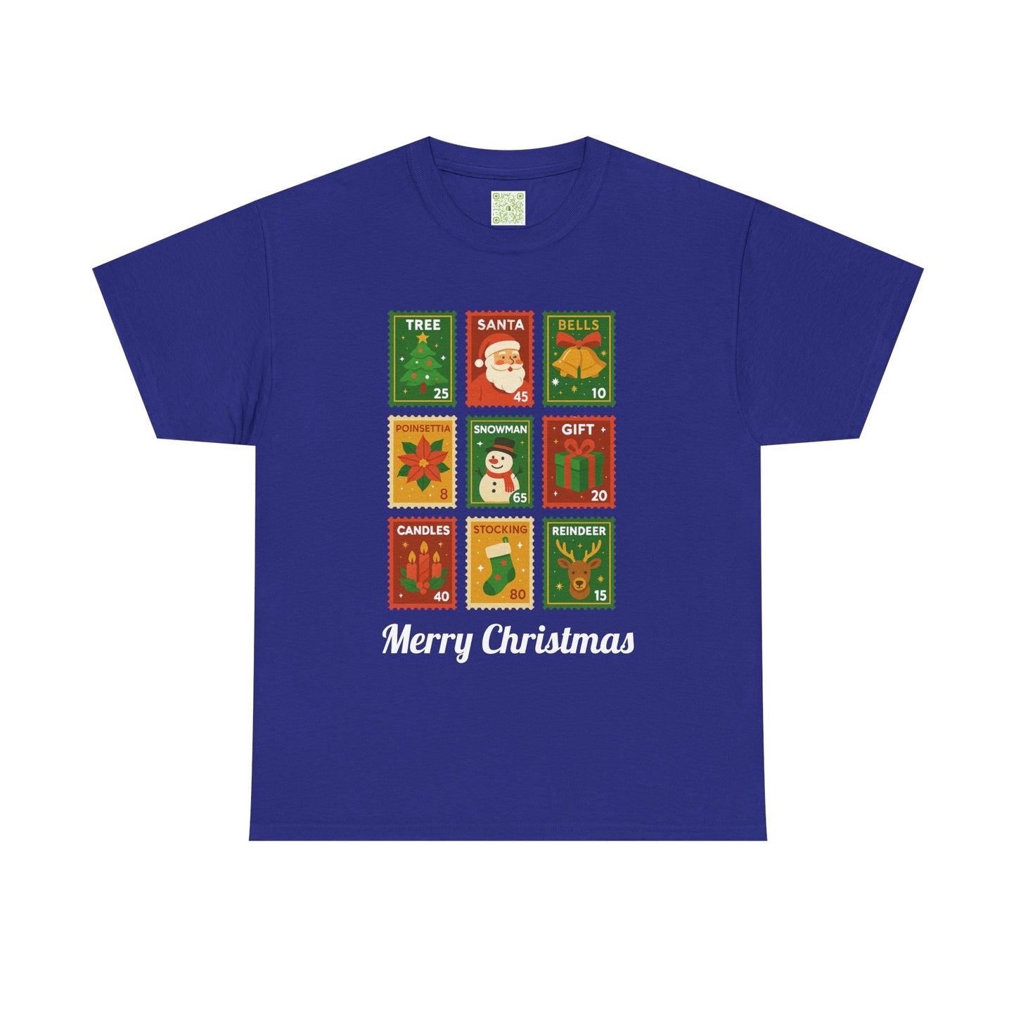 Christmas postage stamp shirt featuring festive designs and the text 'Merry Christmas'.