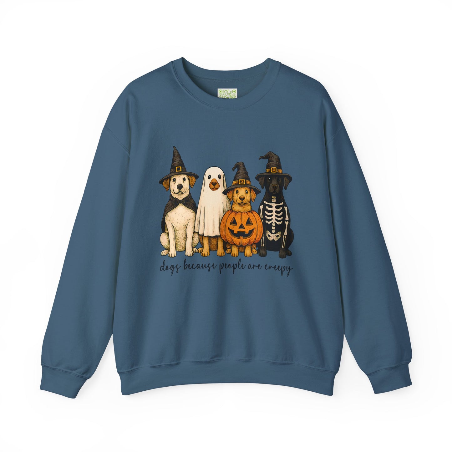 sweatshirt featuring cute dogs in Halloween costumes with text 'dogs because people are creepy'.