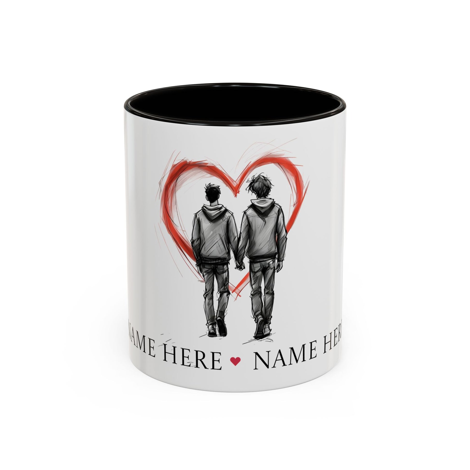 Personalized gay couple coffee mug with names, heart design, perfect for anniversaries and weddings.