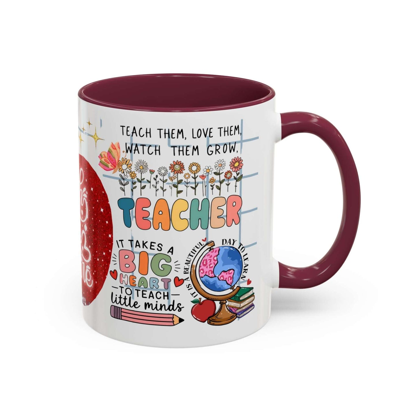 Colorful Teacher Appreciation Coffee Mug featuring inspiring quotes and illustrations, perfect gift for educators.