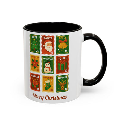 Colorful Holiday Stamp Mug, Festive Mug, Hot Cocoa Mug, Gift for Her, Secret Santa Gift, Stamp Collector, Christmas Mug