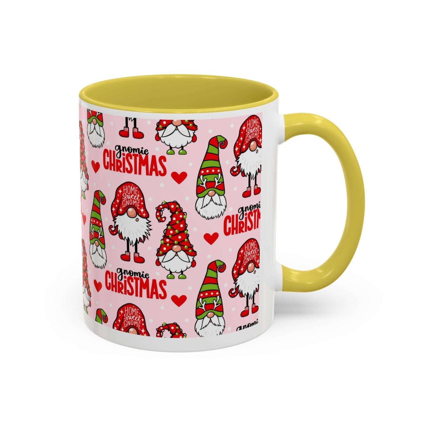 Festive Christmas gnome coffee mug with playful pink background and whimsical gnome designs featuring hearts and holiday cheer.
