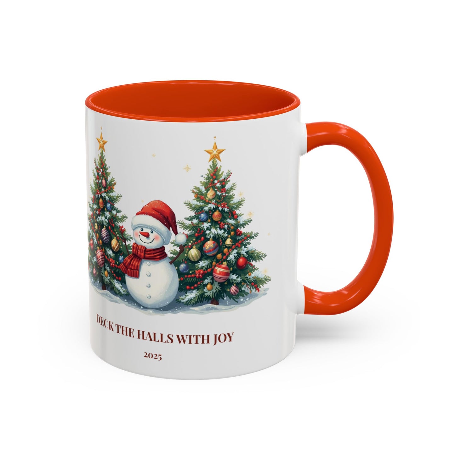 Christmas snowman mug with festive tree design, perfect for holiday drinks and cozy moments.