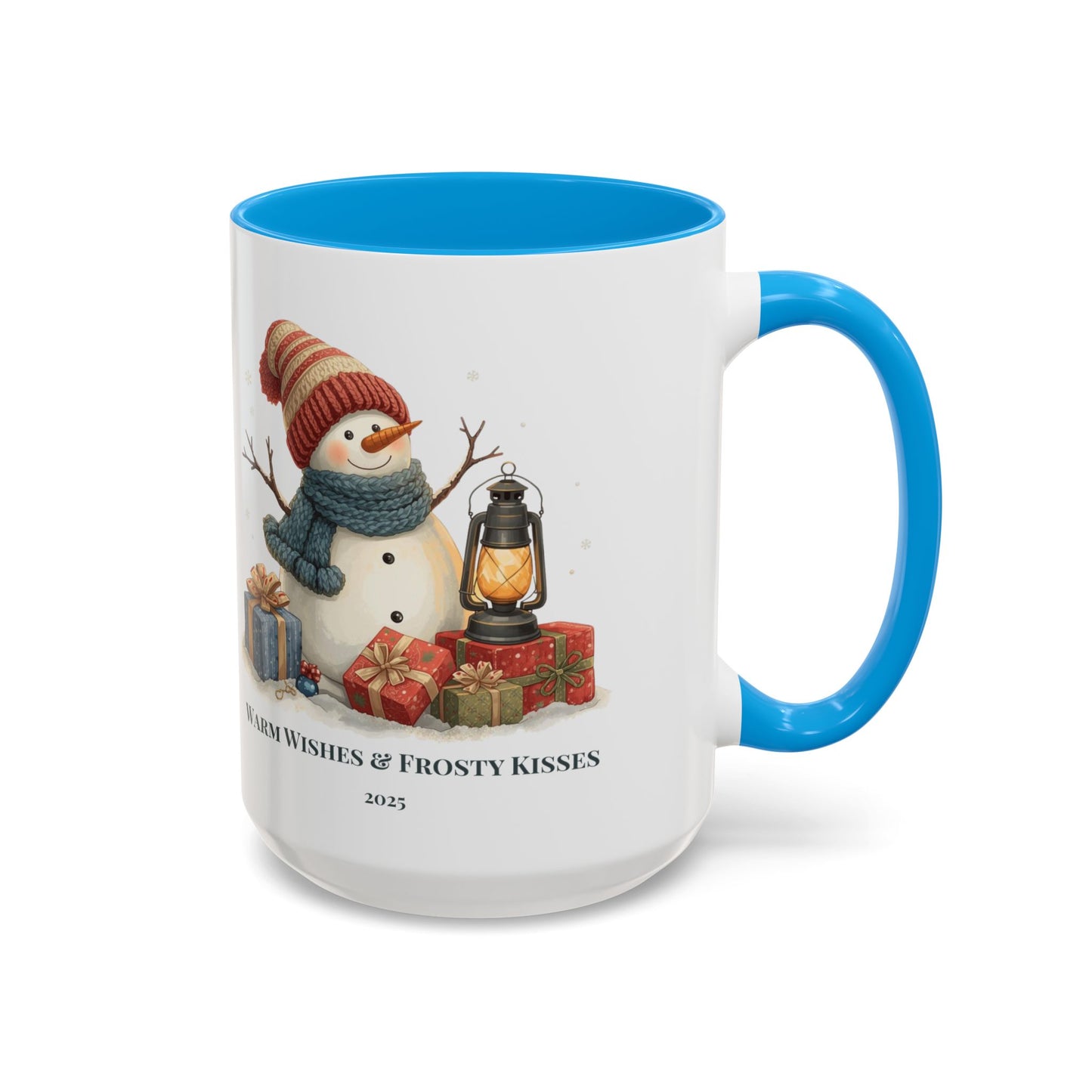 Snowman coffee mug with warm wishes and frosty kisses message, featuring a cheerful snowman and lantern design.
