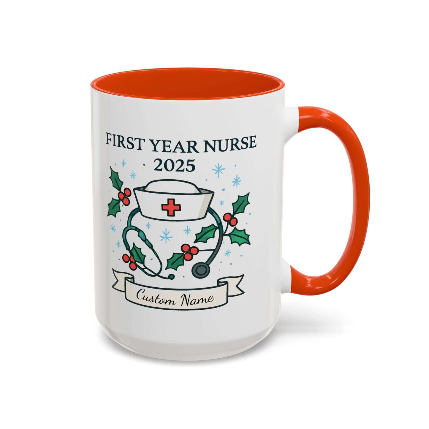 Personalized first year nurse mug with festive design and customizable name for 2025 graduation.