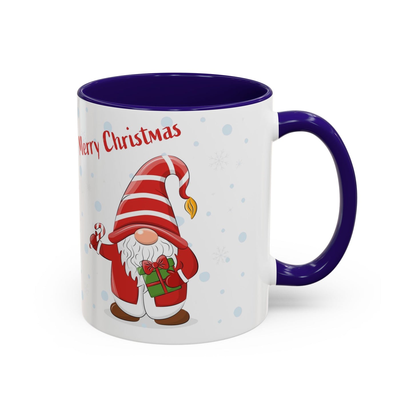 Merry Christmas gnome mug with candy cane and gift design, perfect for holiday beverages.