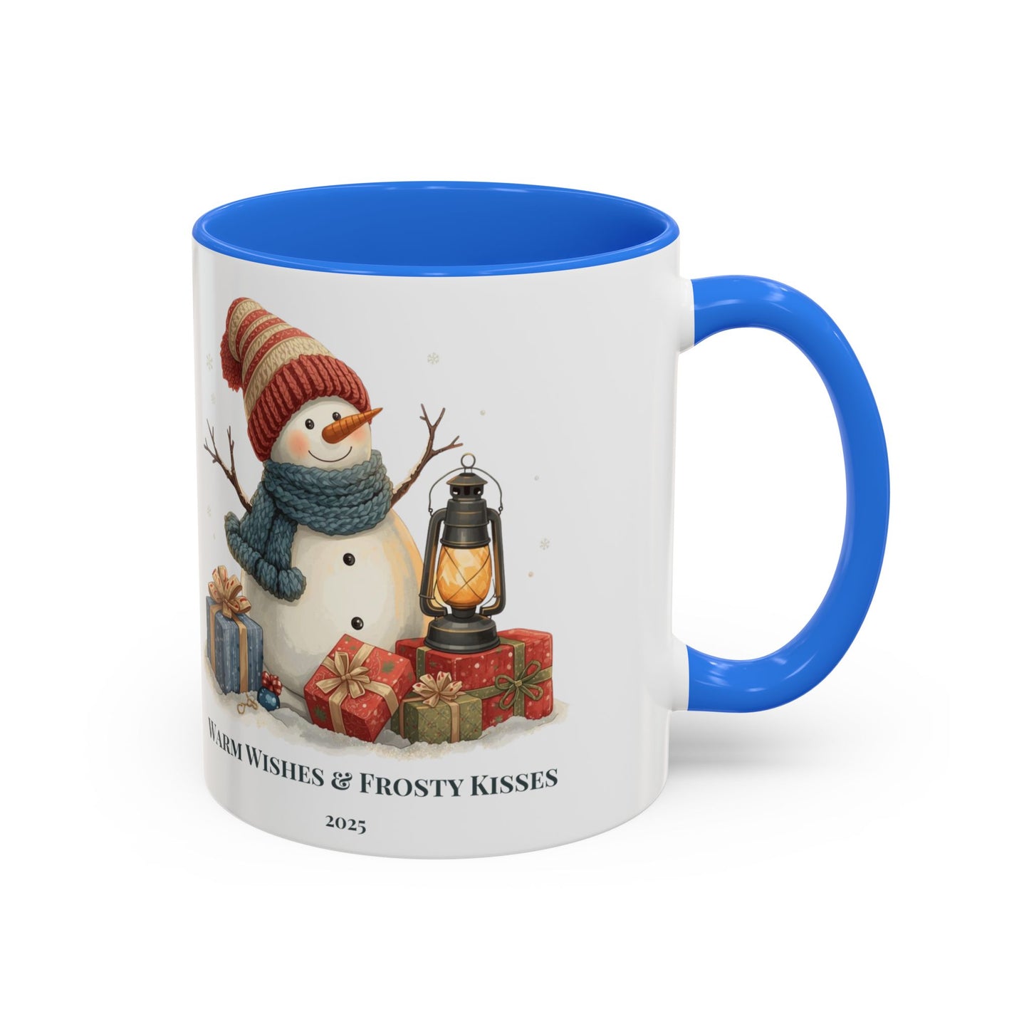 Snowman coffee mug with warm wishes and frosty kisses message, featuring a cheerful snowman and lantern design.