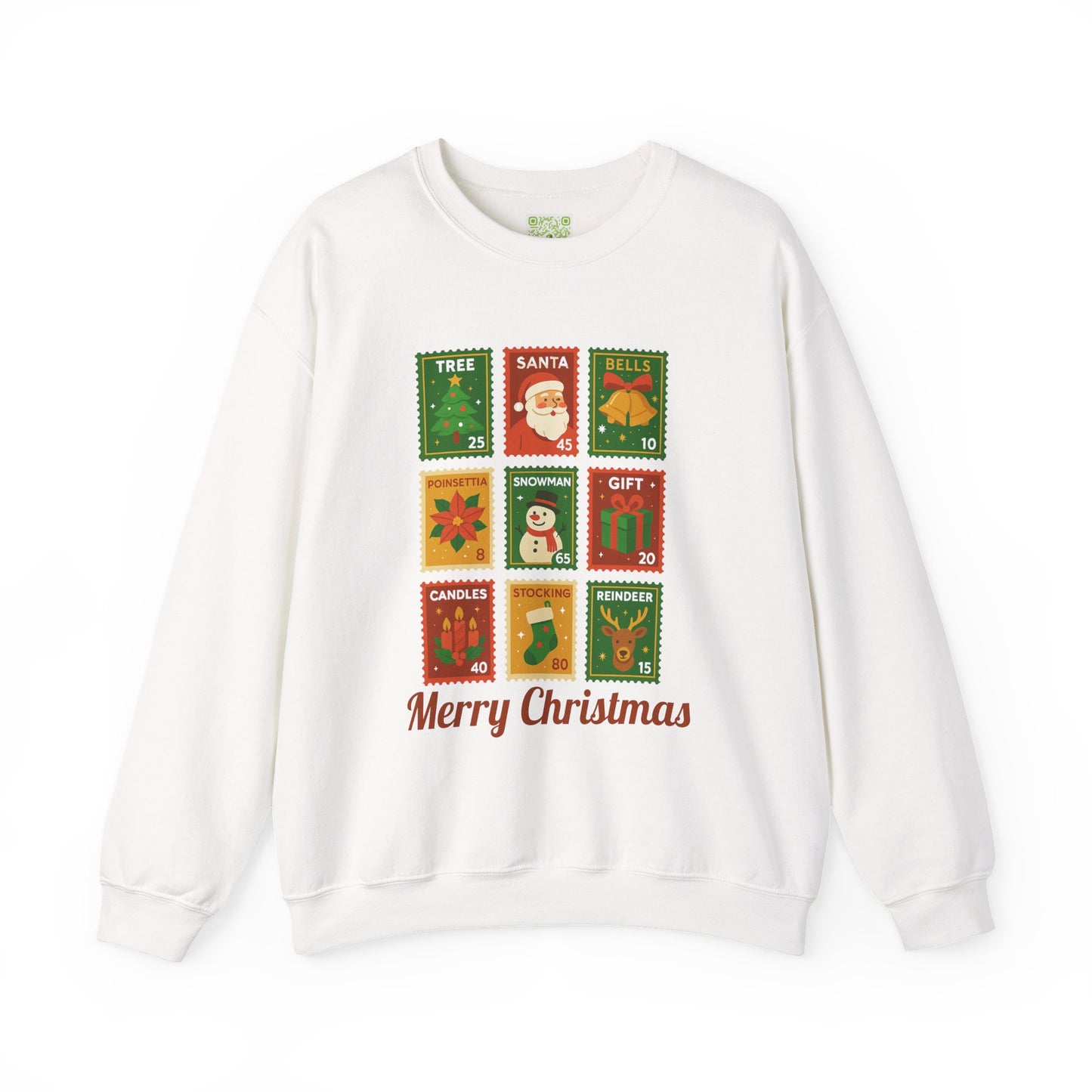 Postage stamp Christmas sweater in forest green featuring holiday designs and 'Merry Christmas' text