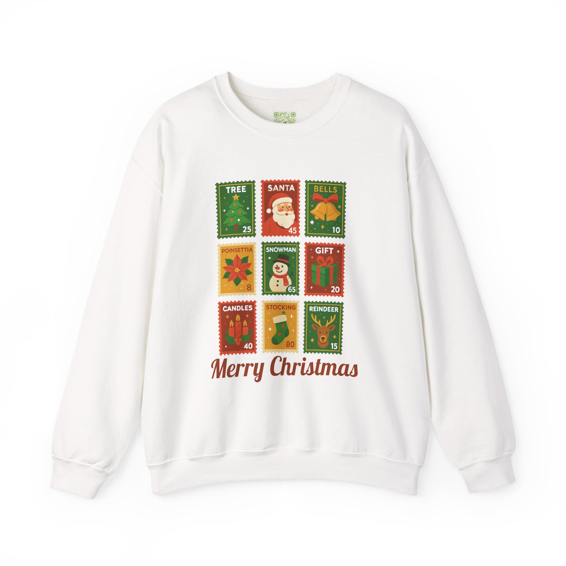 Postage stamp Christmas sweater in forest green featuring holiday designs and 'Merry Christmas' text
