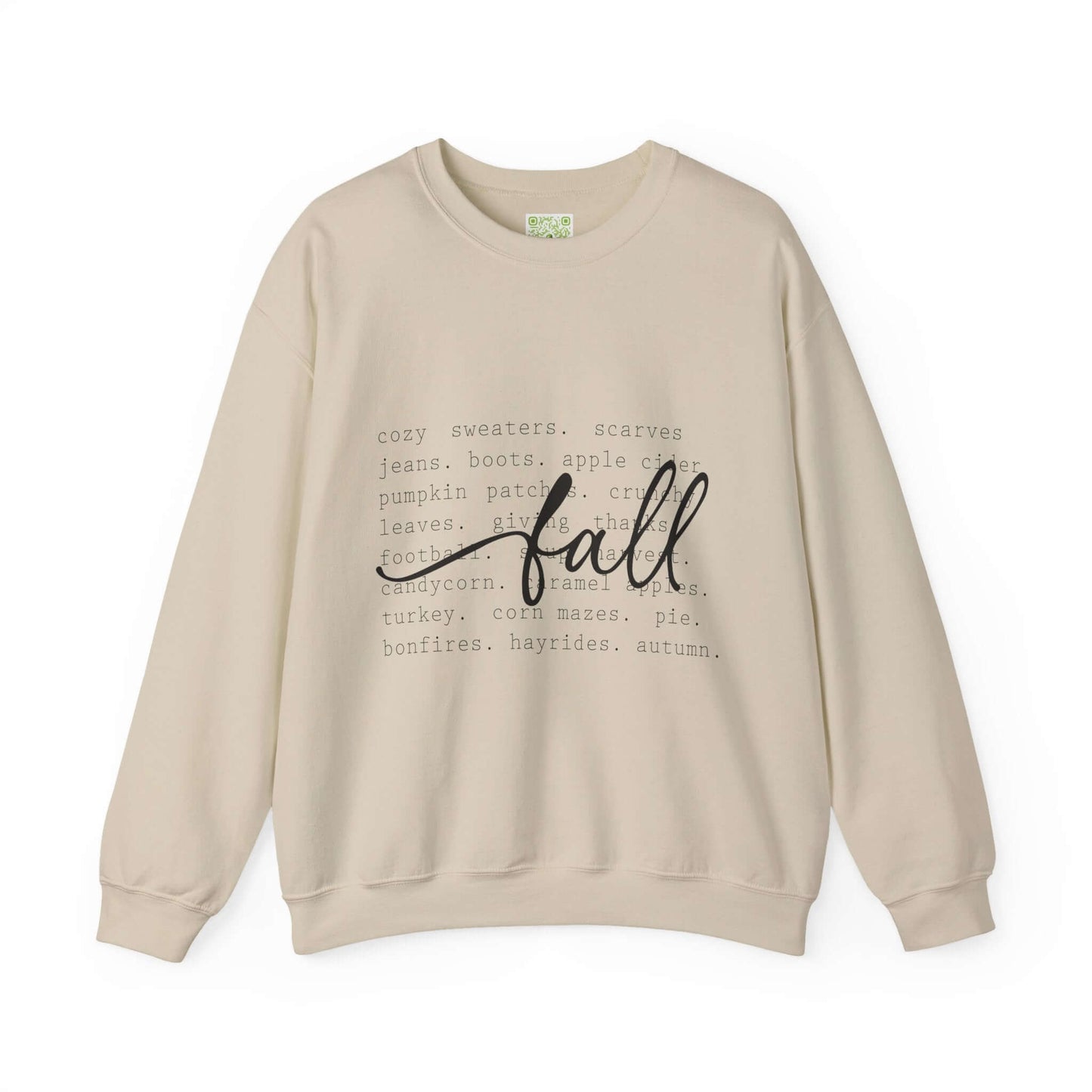 Cozy fall sweatshirt with autumn-themed text, perfect for sweater weather and capturing the fall aesthetic.