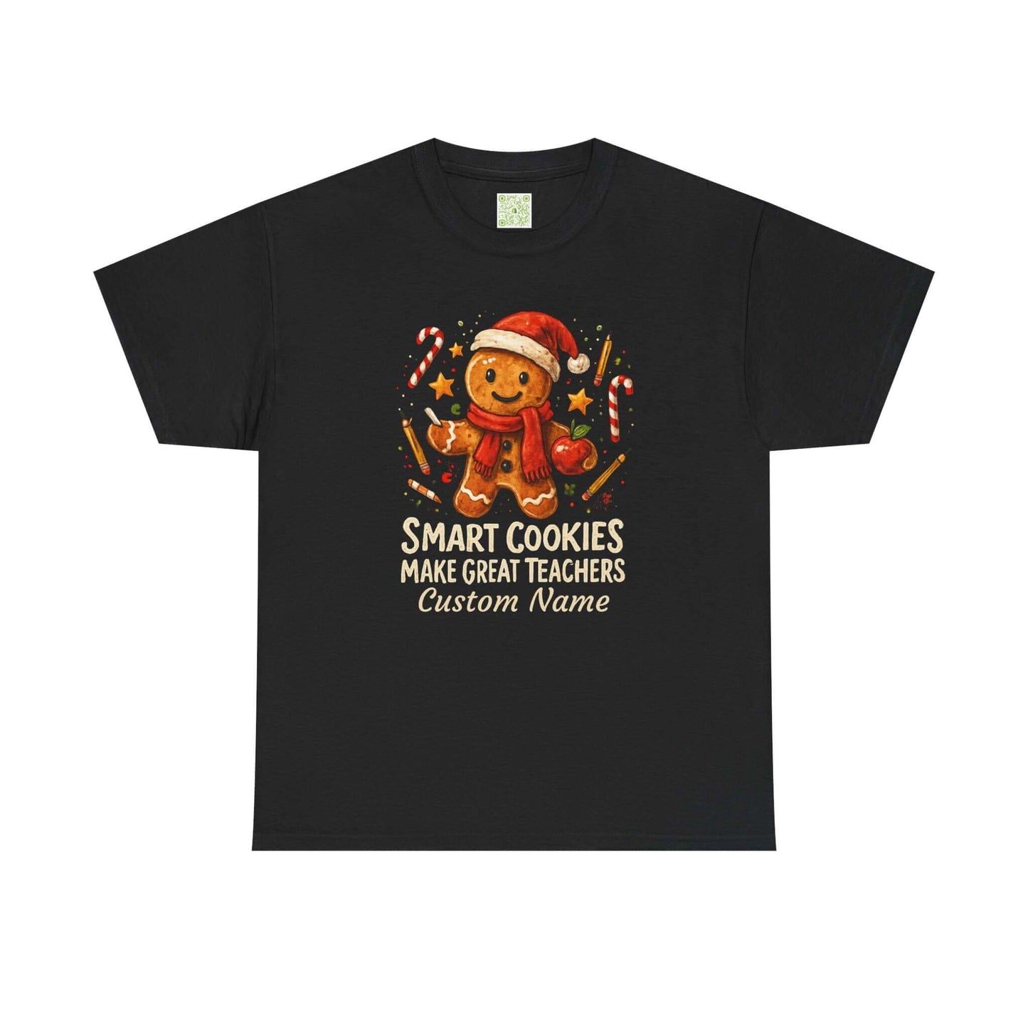 Gingerbread teacher holiday shirt with the phrase 'Smart Cookies Make Great Teachers' and festive decorations.