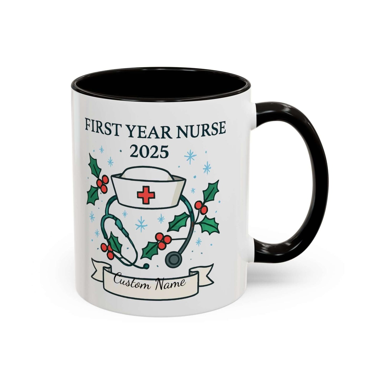 Personalized first year nurse mug with festive design and customizable name for 2025 graduation.