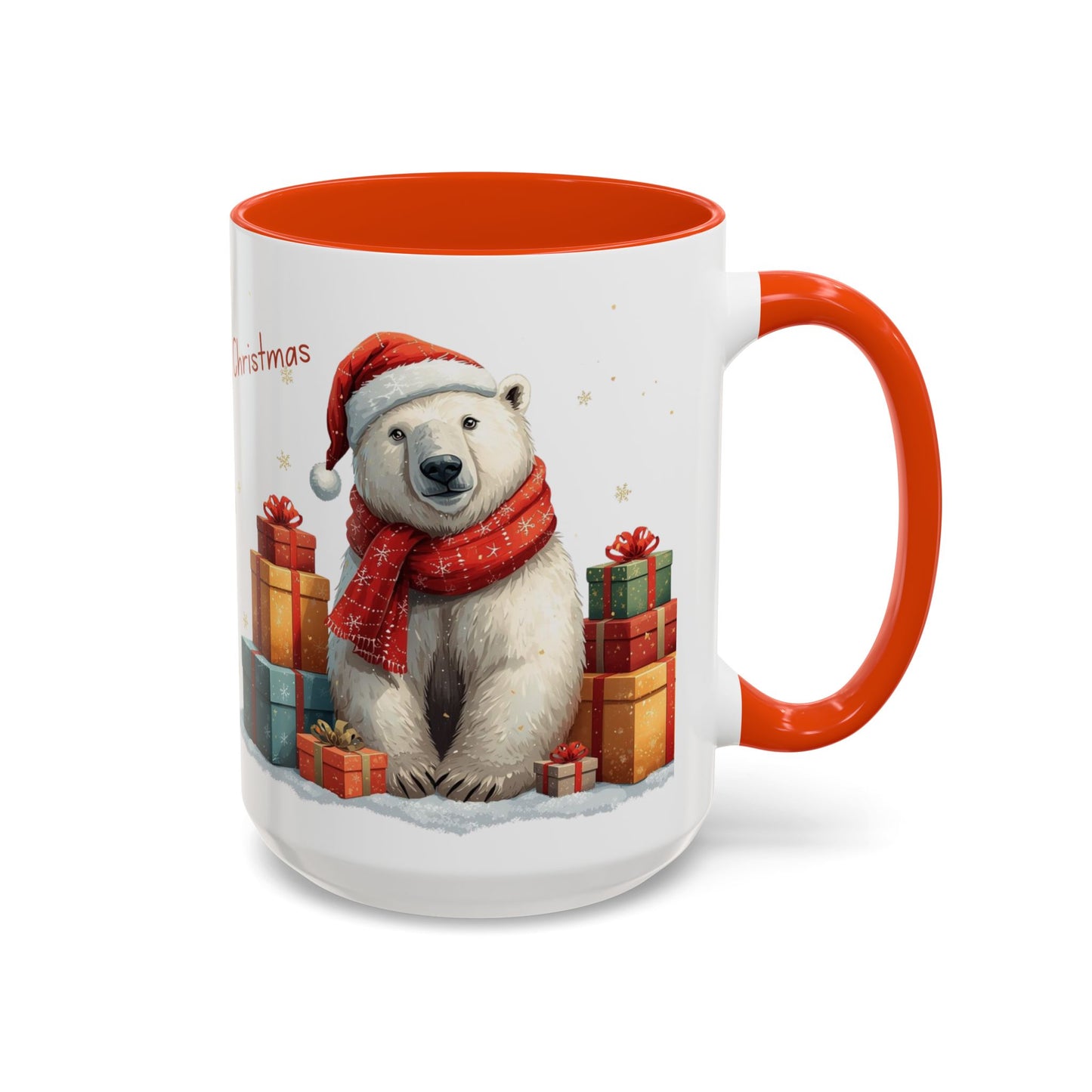 Cute Polar Bear Christmas mug with a red scarf and Santa hat, surrounded by colorful gift boxes.