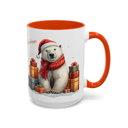 Cute Polar Bear Christmas mug with a red scarf and Santa hat, surrounded by colorful gift boxes.