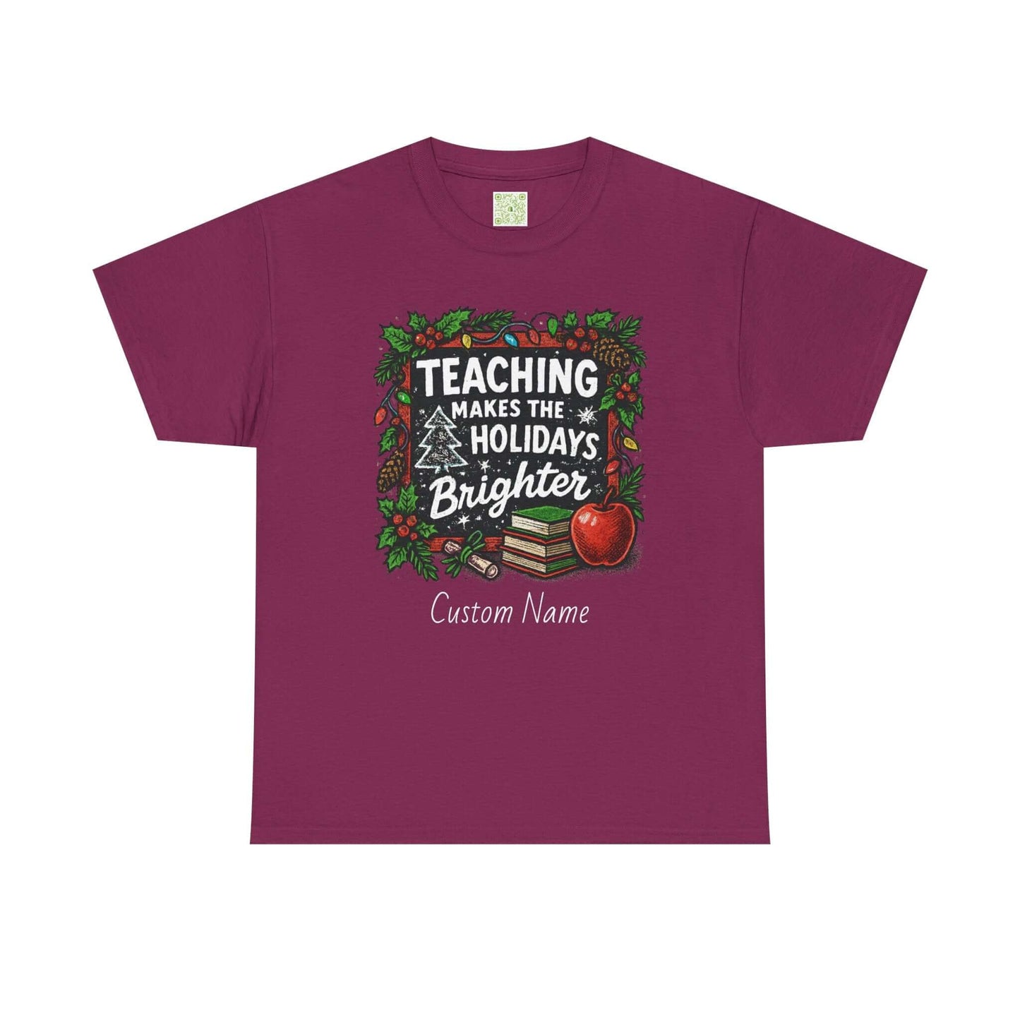 Personalized teacher holiday t-shirt in red with festive design and custom name. Perfect gift for teachers.