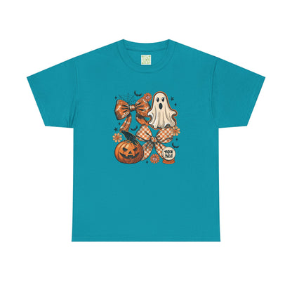 Vintage Coquette Halloween Tee featuring pumpkins, ghost, and bow design. Perfect for fall festivities!