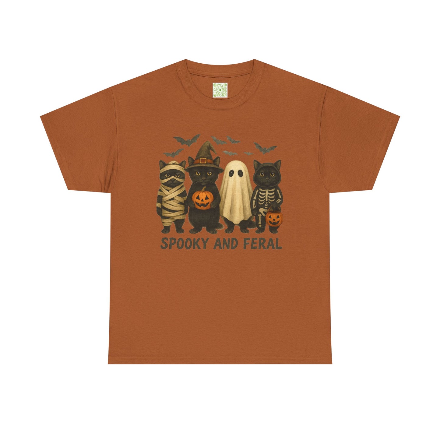 spooky black cat shirt featuring four cute Halloween characters, perfect for Halloween festivities.