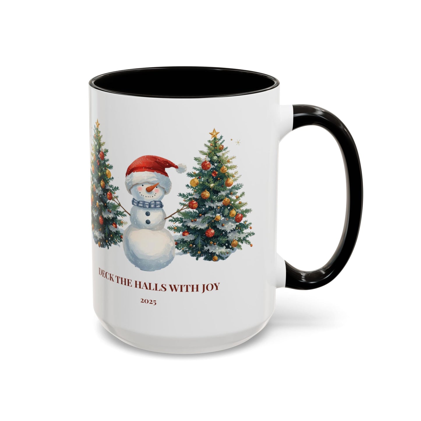 Festive snowman coffee mug featuring cheerful Christmas trees and a joyful holiday design.