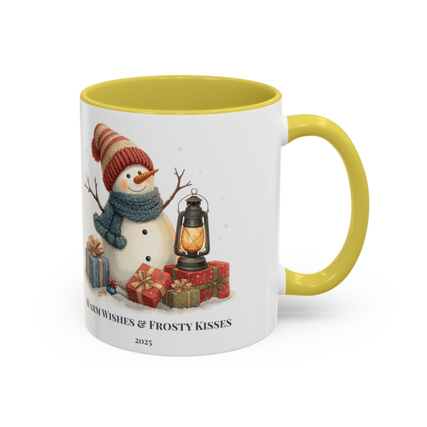 Snowman coffee mug with warm wishes and frosty kisses message, featuring a cheerful snowman and lantern design.