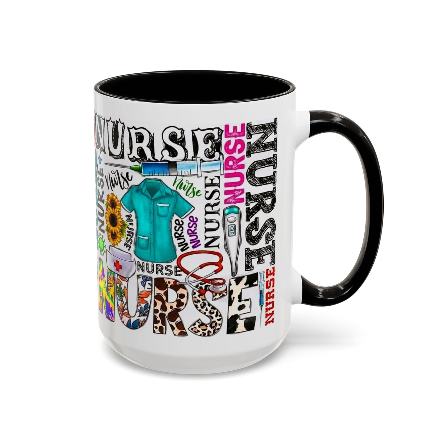 Colorful nurse coffee mug held by hands, ideal gift for nurse appreciation or nursing students.