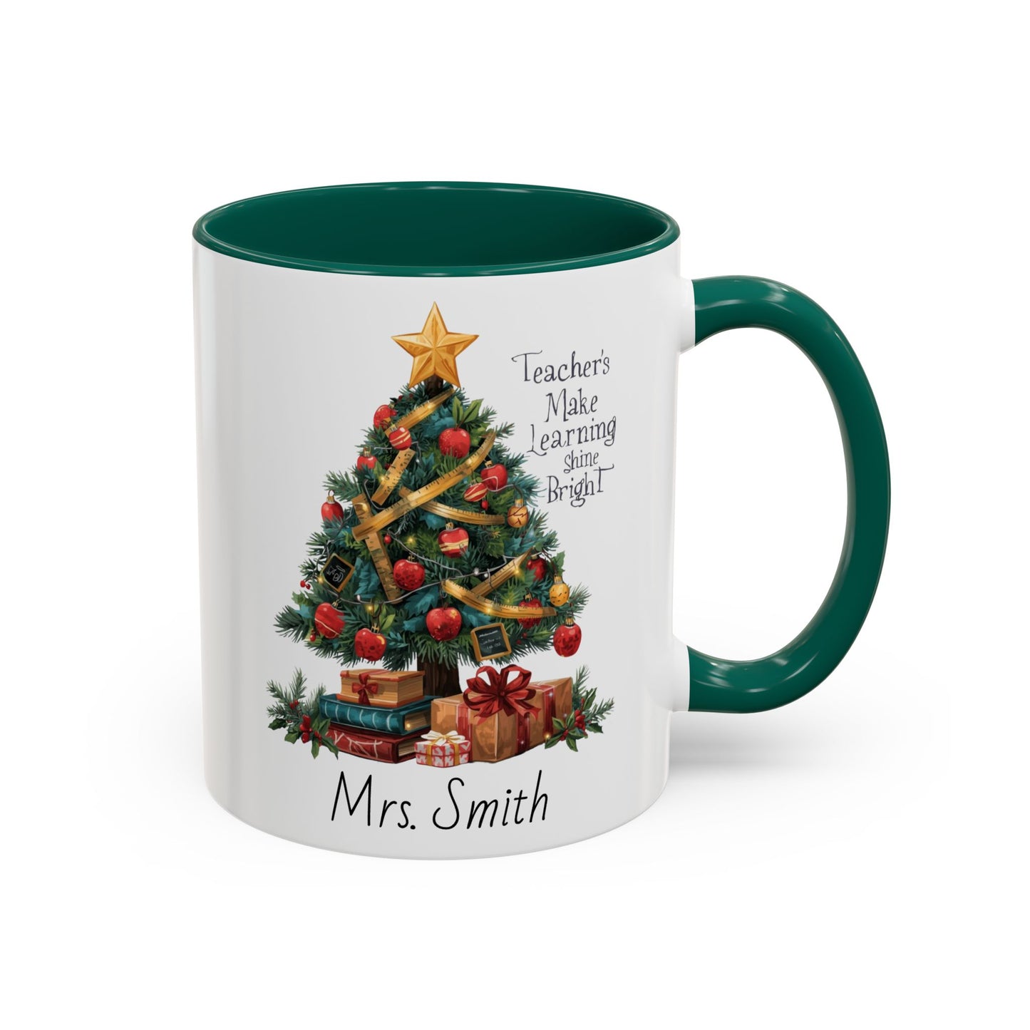 Personalized Christmas teacher mug with festive tree design, custom name, red handle, perfect holiday gift.