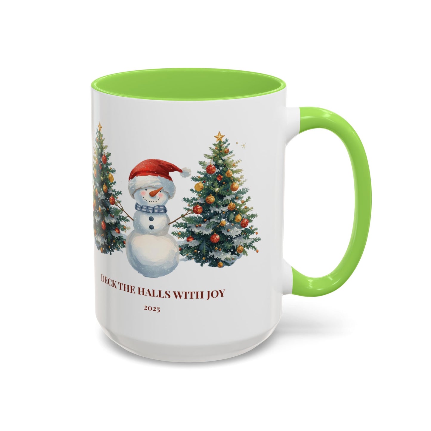 Festive snowman coffee mug featuring cheerful Christmas trees and a joyful holiday design.