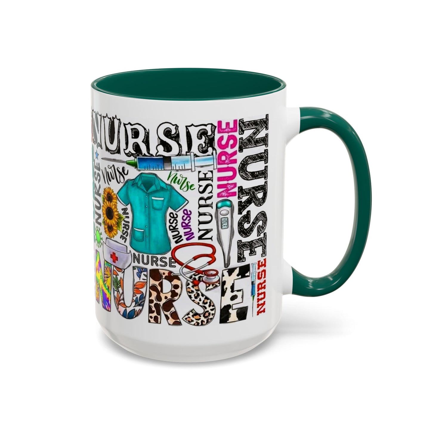Colorful nurse coffee mug held by hands, ideal gift for nurse appreciation or nursing students.