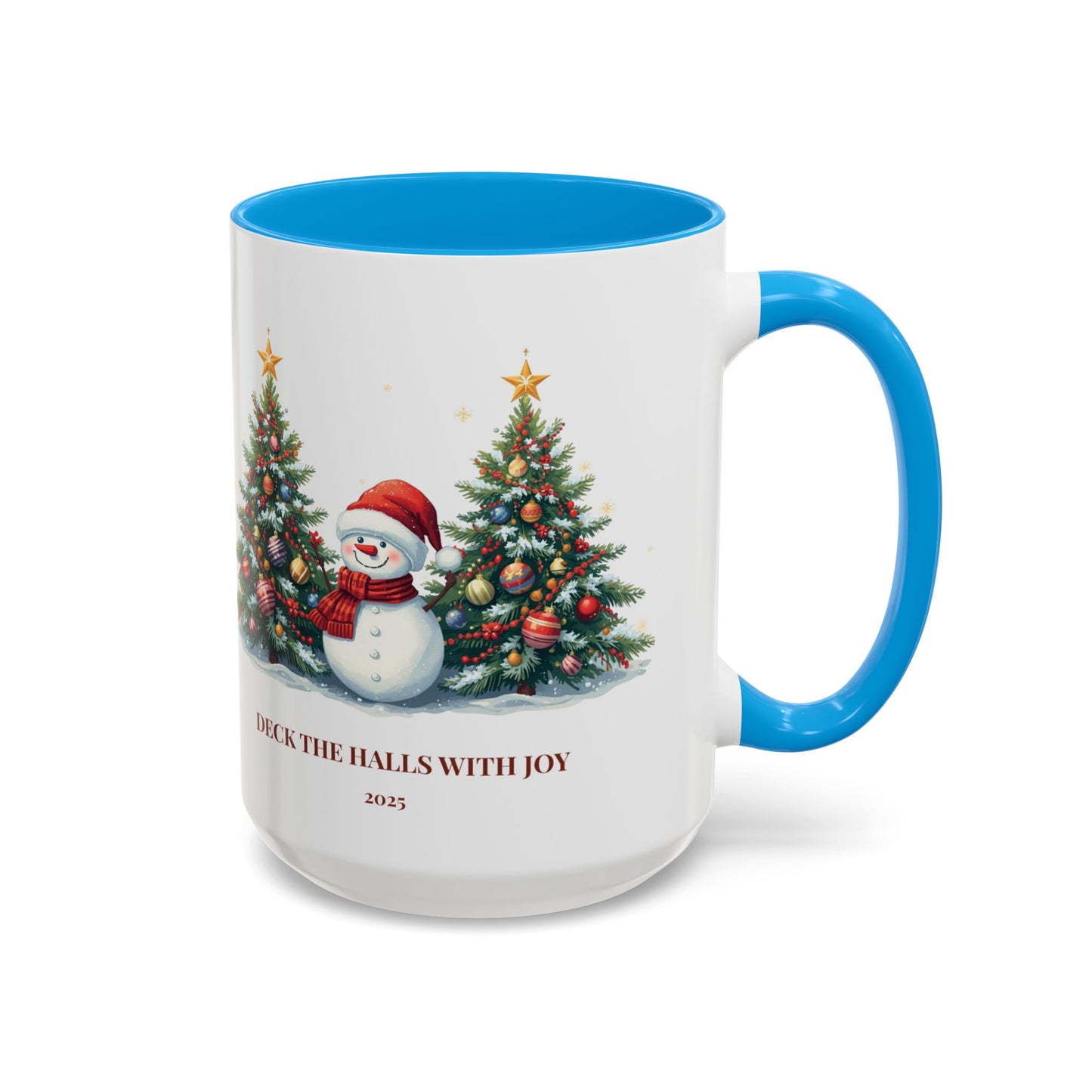 Christmas snowman mug with festive tree design, perfect for holiday drinks and cozy moments.