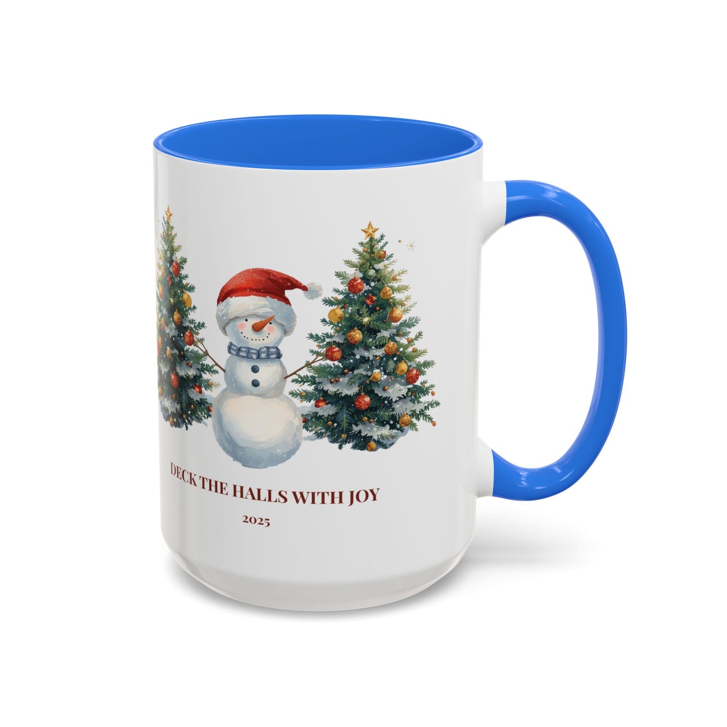 Festive snowman coffee mug featuring cheerful Christmas trees and a joyful holiday design.