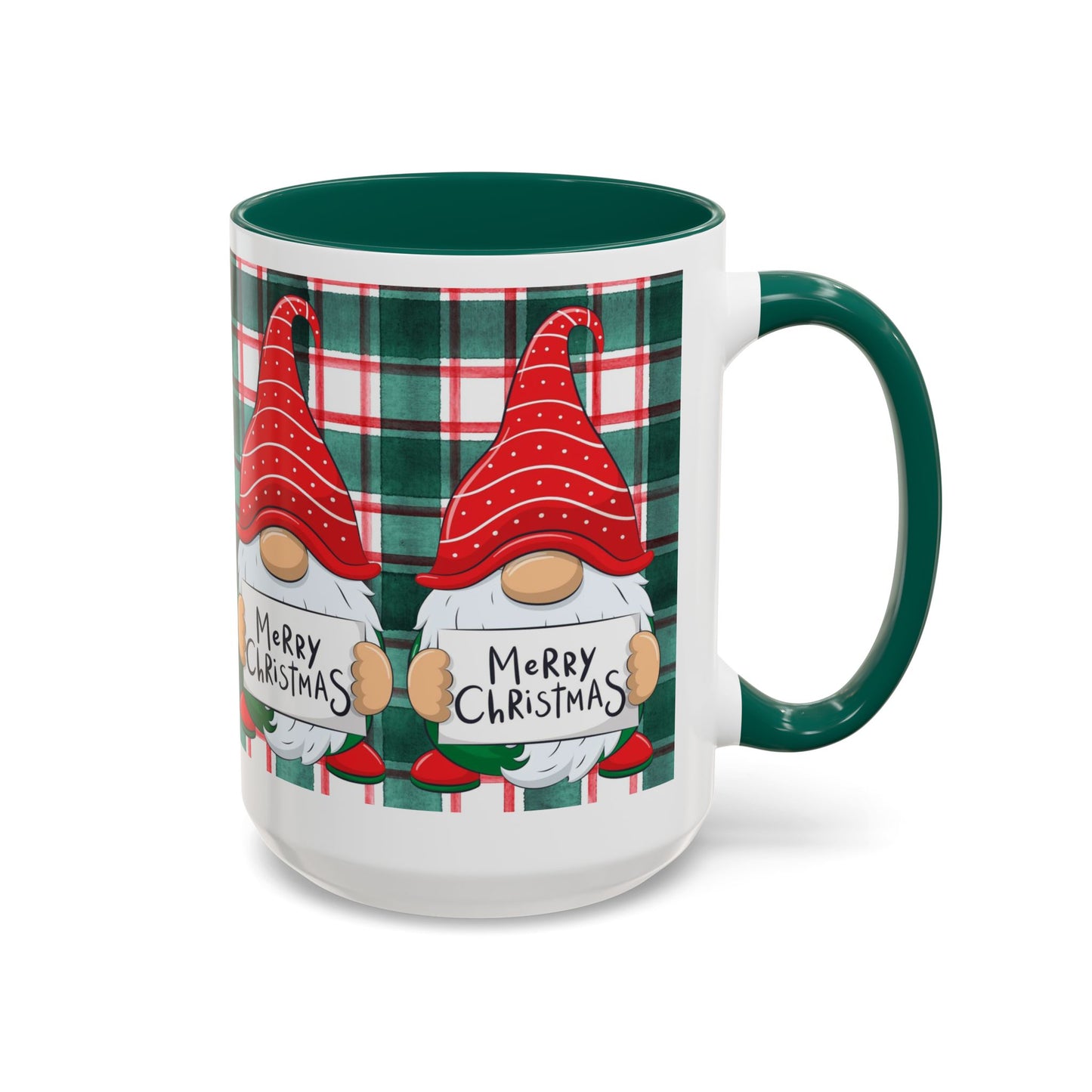Festive Christmas gnome mug with holiday design, featuring gnomes and a plaid background.