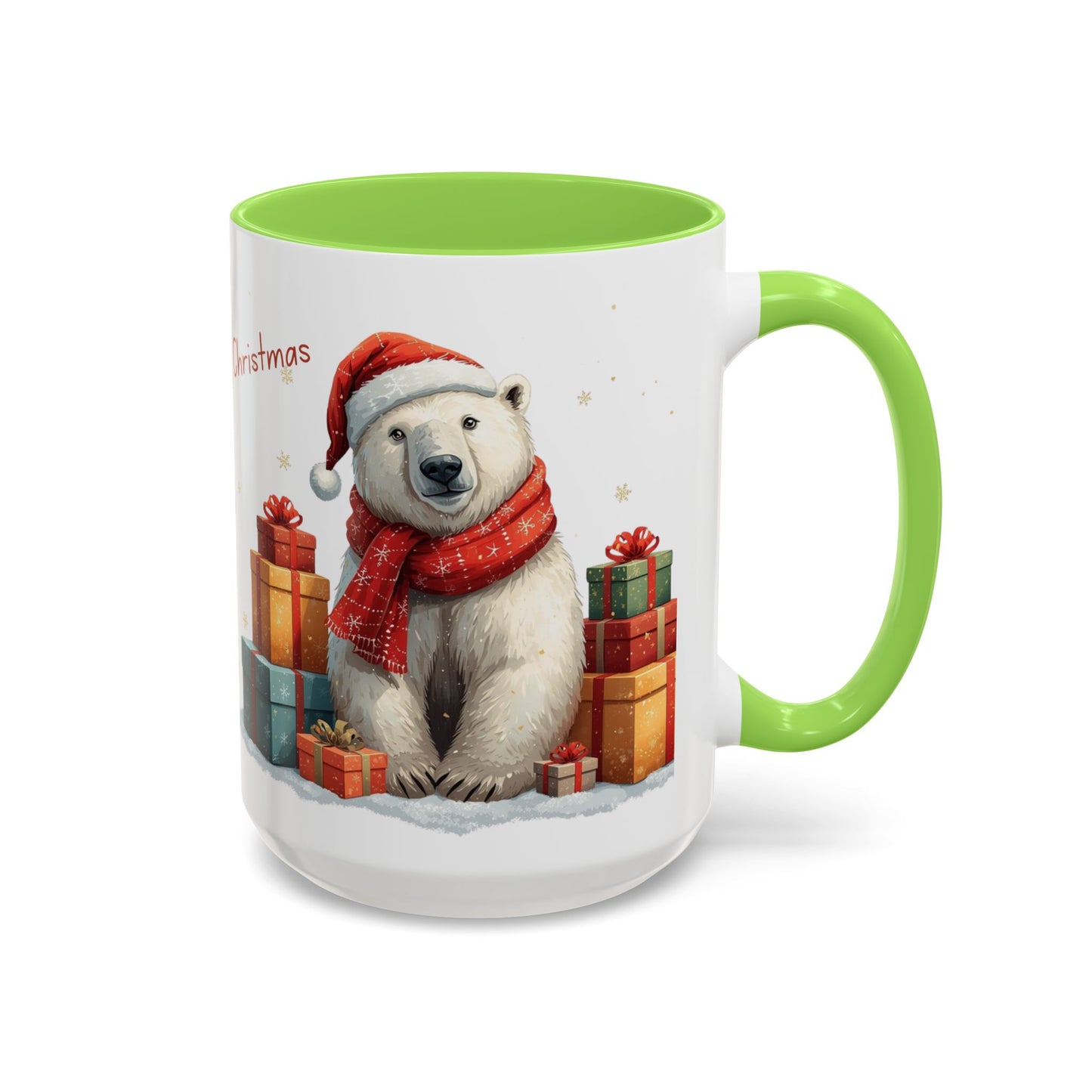 Cute Polar Bear Christmas mug with a red scarf and Santa hat, surrounded by colorful gift boxes.