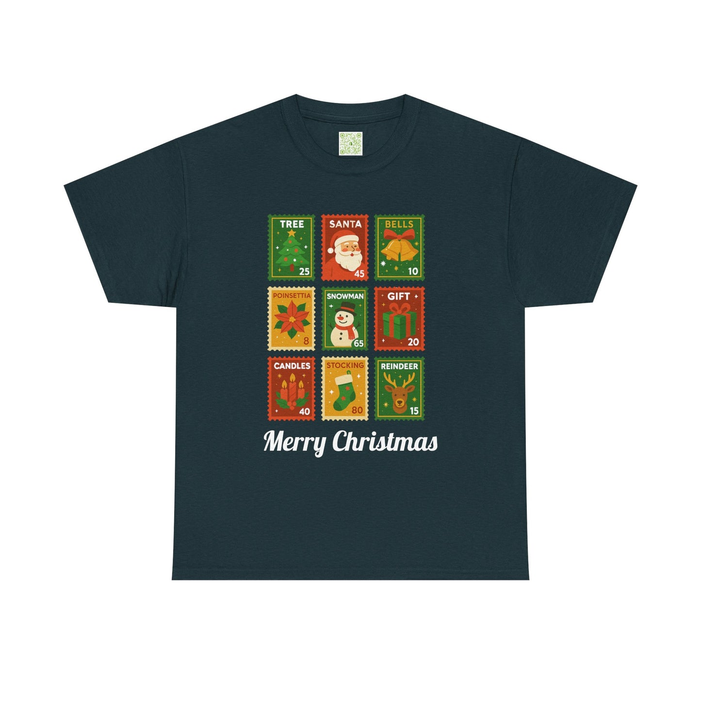 Christmas postage stamp shirt featuring festive designs and the text 'Merry Christmas'.