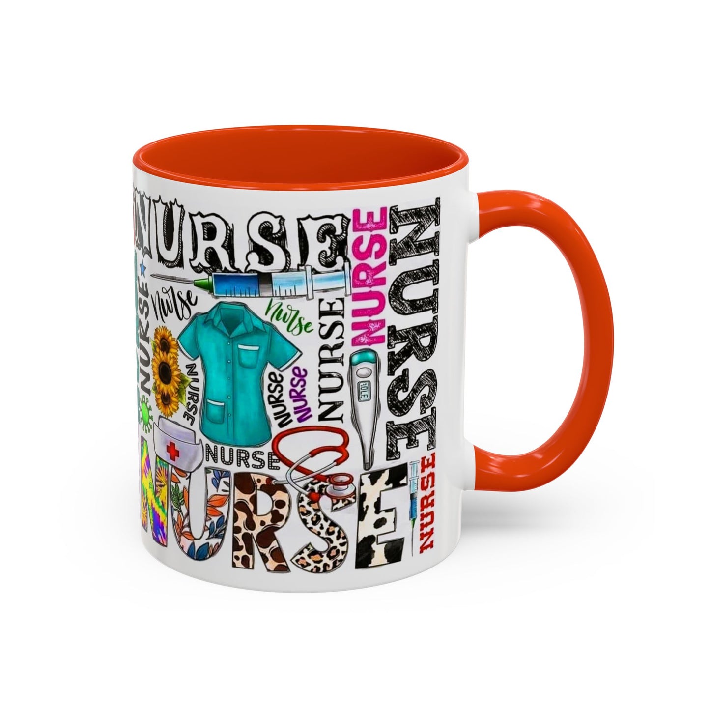 Colorful nurse coffee mug held by hands, ideal gift for nurse appreciation or nursing students.