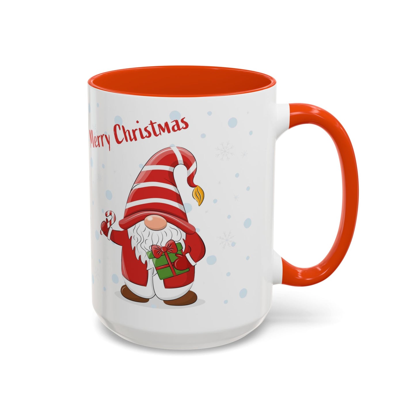 Merry Christmas gnome mug with candy cane and gift design, perfect for holiday beverages.