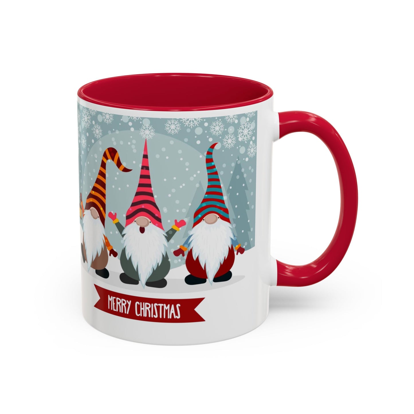 Merry Christmas gnome mug featuring colorful gnomes in festive hats, perfect for holiday coffee.