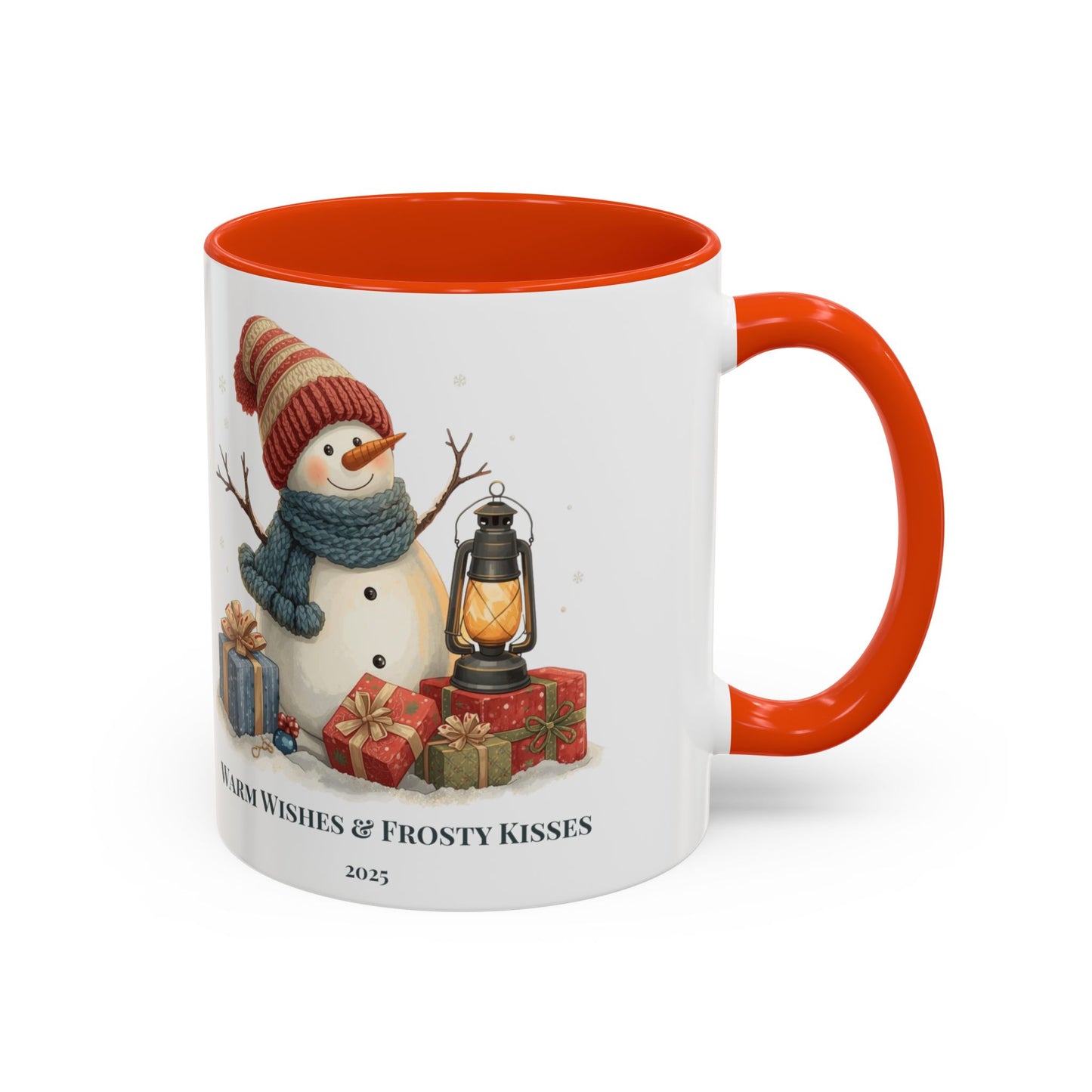 Snowman coffee mug with warm wishes and frosty kisses message, featuring a cheerful snowman and lantern design.
