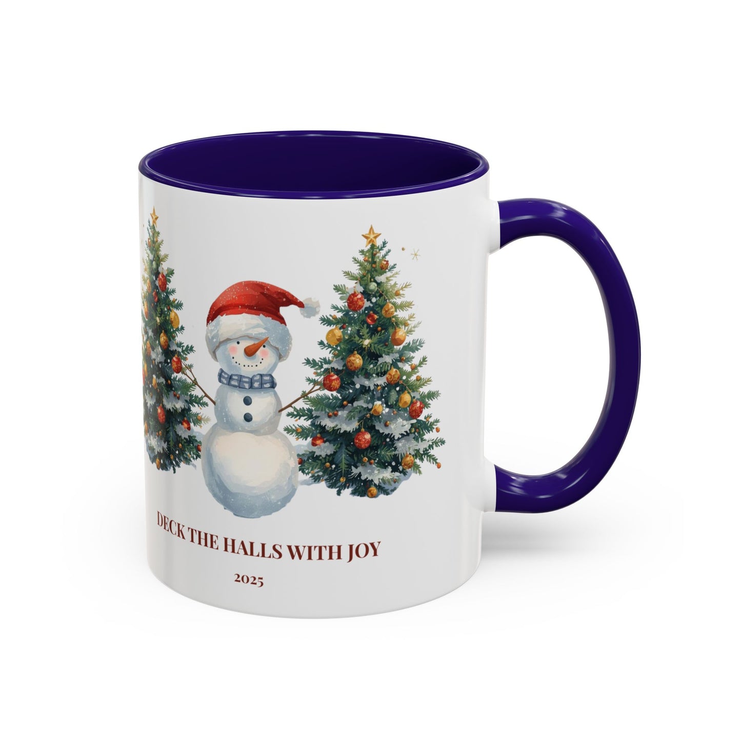 Festive snowman coffee mug featuring cheerful Christmas trees and a joyful holiday design.