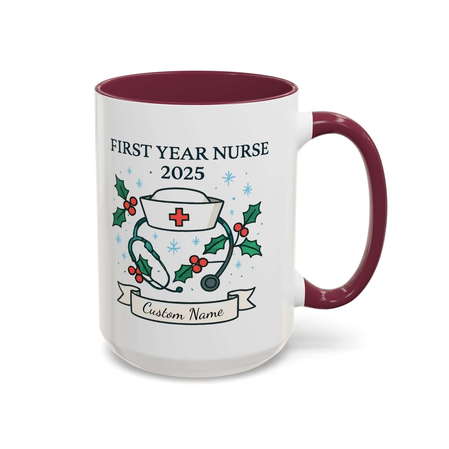 Personalized first year nurse mug with festive design and customizable name for 2025 graduation.
