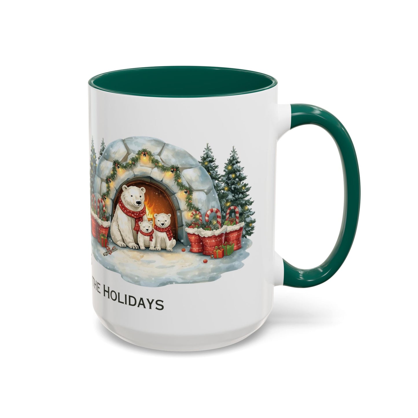 Polar Bear Christmas Mug featuring an igloo family scene with trees and holiday decorations.