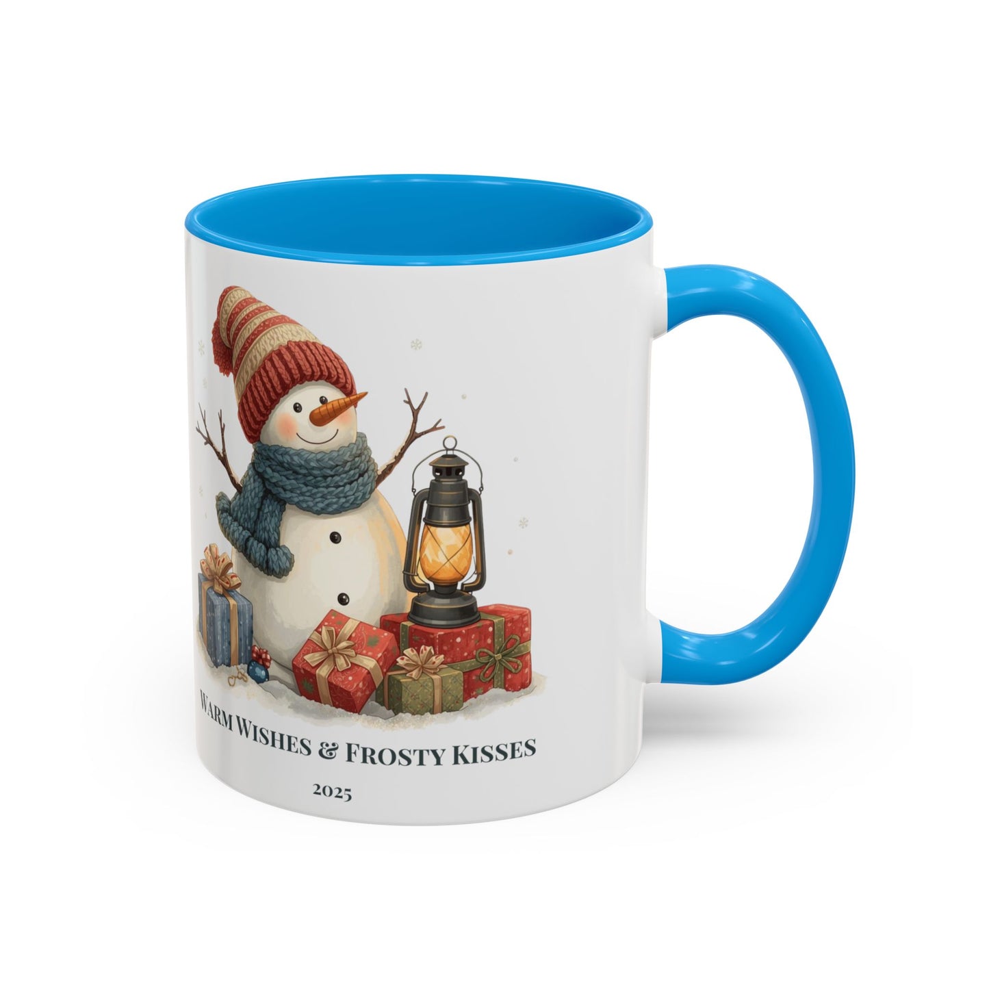 Snowman coffee mug with warm wishes and frosty kisses message, featuring a cheerful snowman and lantern design.