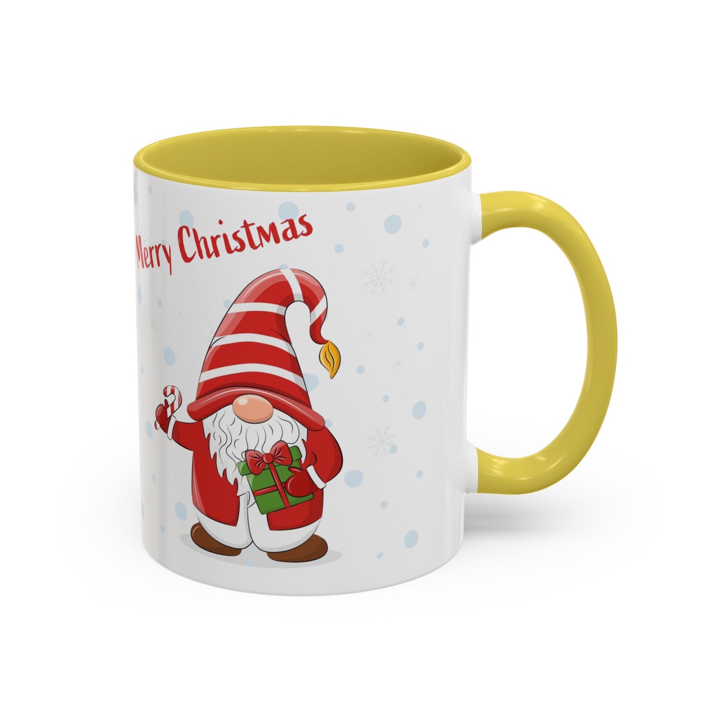 Merry Christmas gnome mug with candy cane and gift design, perfect for holiday beverages.